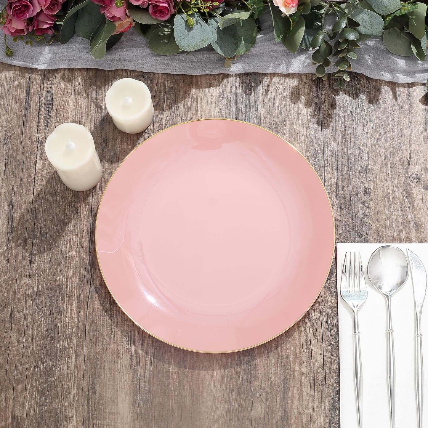 10-Pack Plastic 10" Round Dinner Plates in Dusty Rose with Gold Rim - Glossy Disposable Party Plates