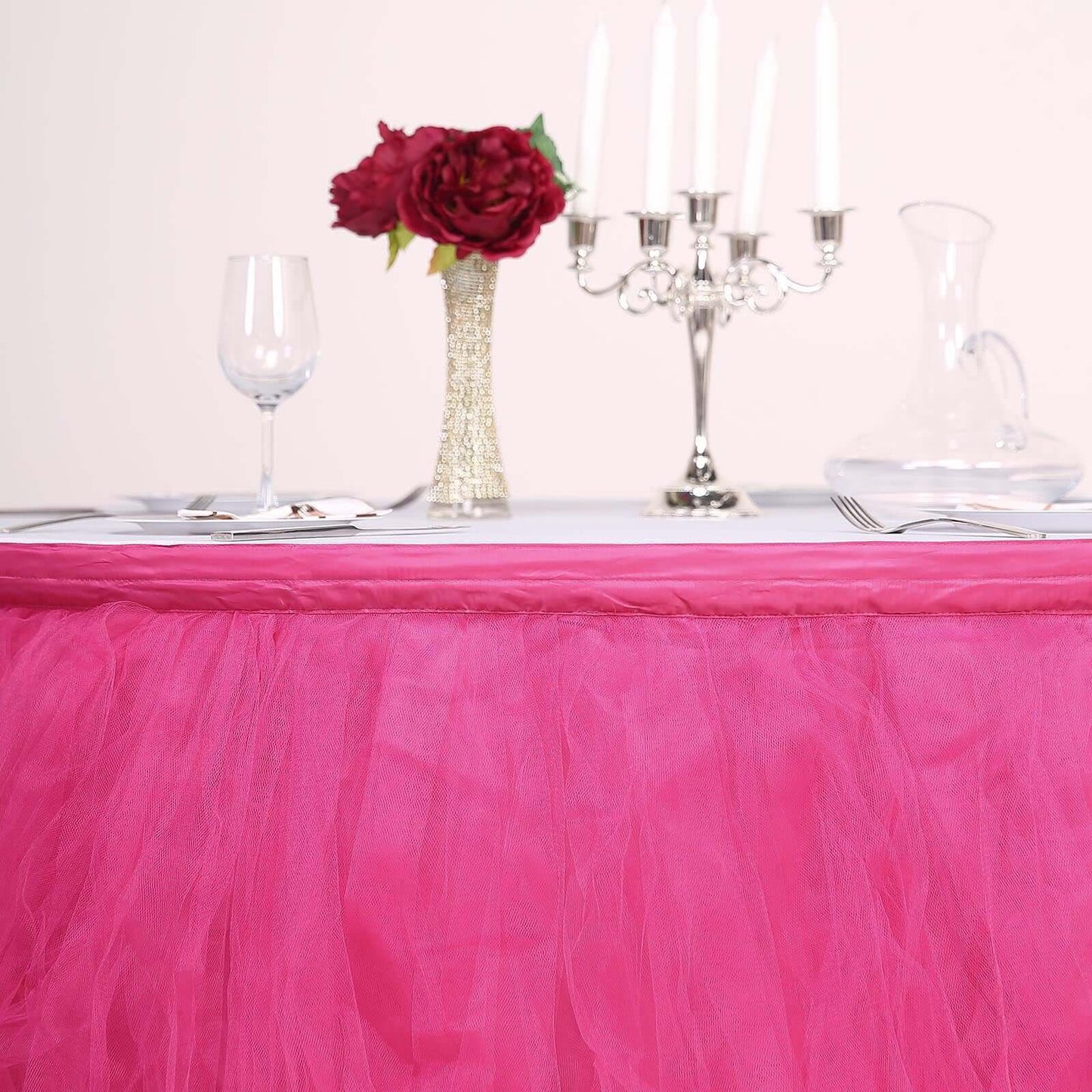 Tulle 14ft Table Skirt Fuchsia - 4 Layer Pleated Tutu Table Cover
