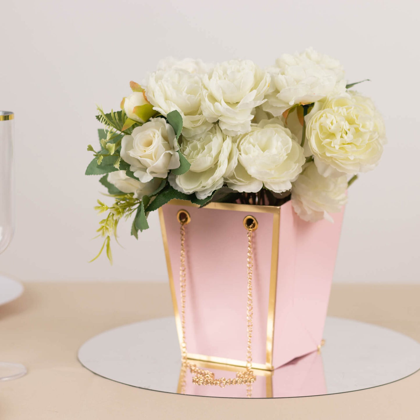 6 Pack Pink Gold Edge Paper Flower Gift Bags With Metal Chain Handles, Trapezoid Party Favor Tote Bags - 5"x6"