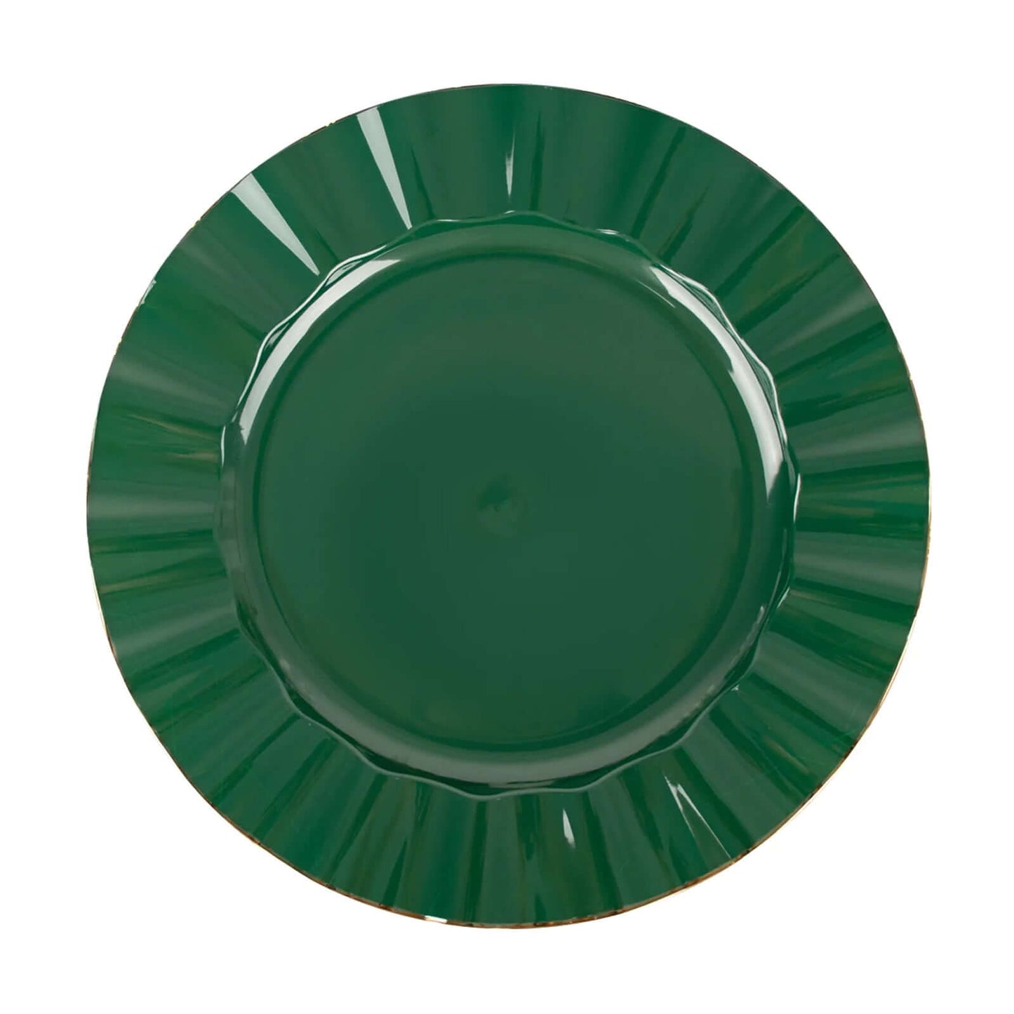 10-Pack Plastic 9" Round Dinner Plates in Hunter Emerald Green Ruffled Rim with Gold Edging - Sturdy Disposable Dinnerware