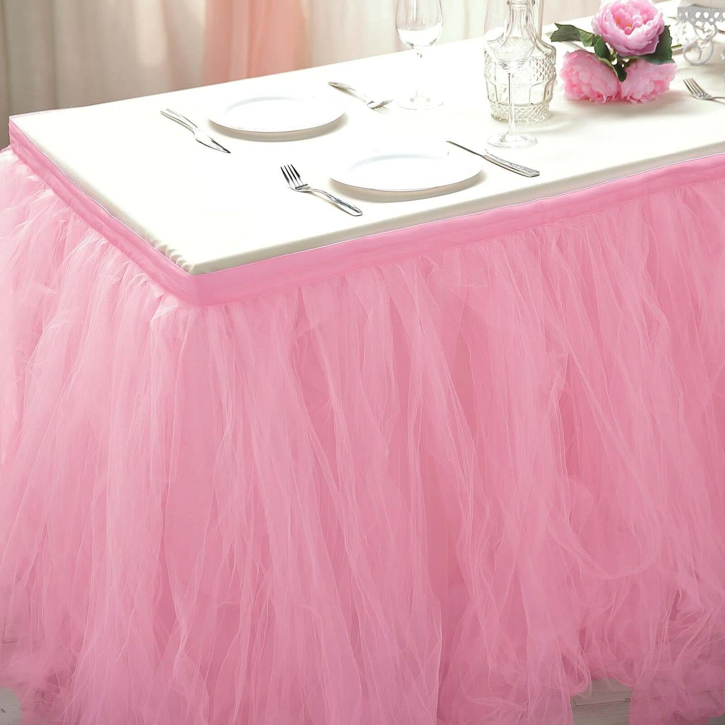 Tulle 21ft Table Skirt Pink/Rose Quartz - 4 Layer Pleated Tutu Table Cover