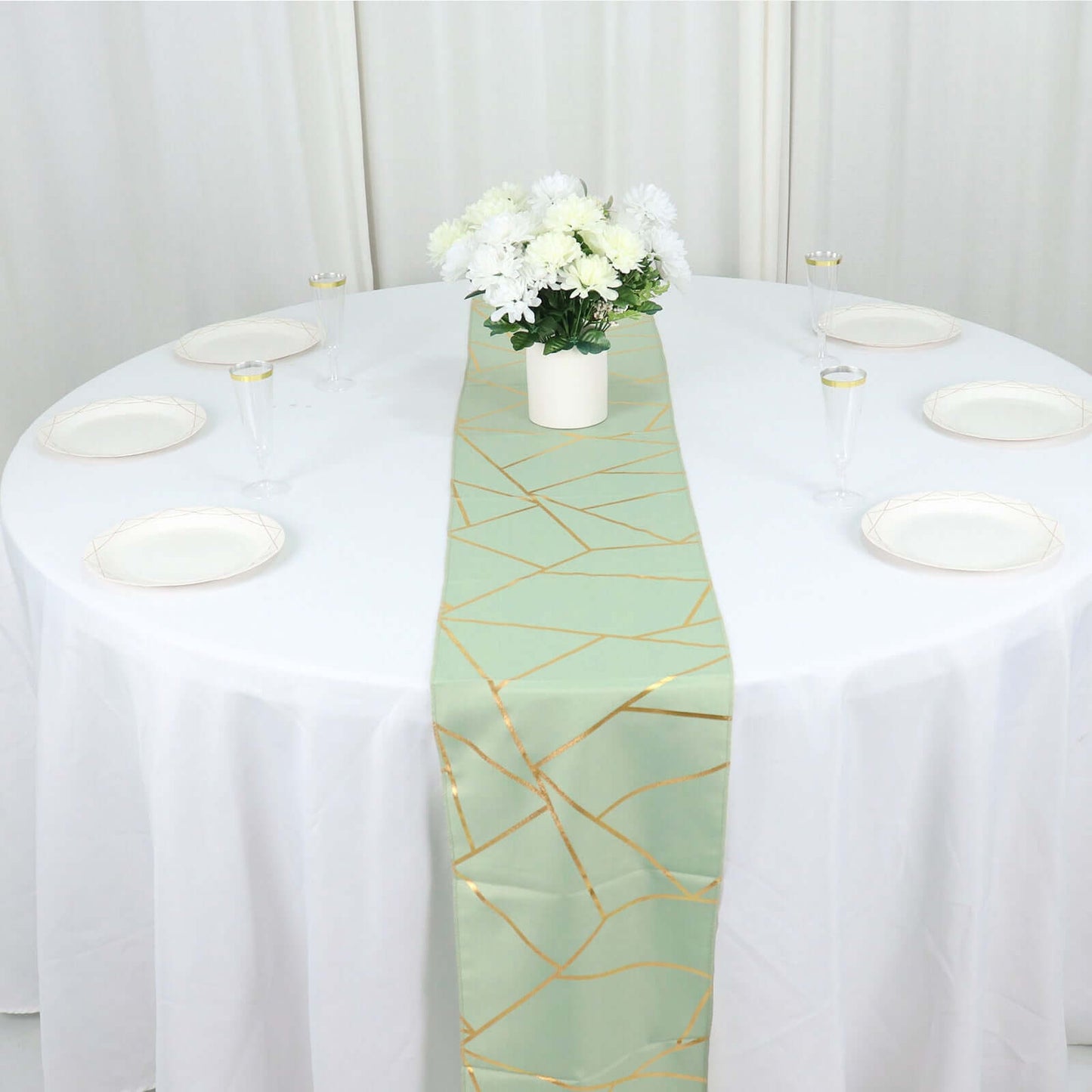 Polyester 9ft Table Runner Sage Green with Gold Foil Modern Geometric Accent