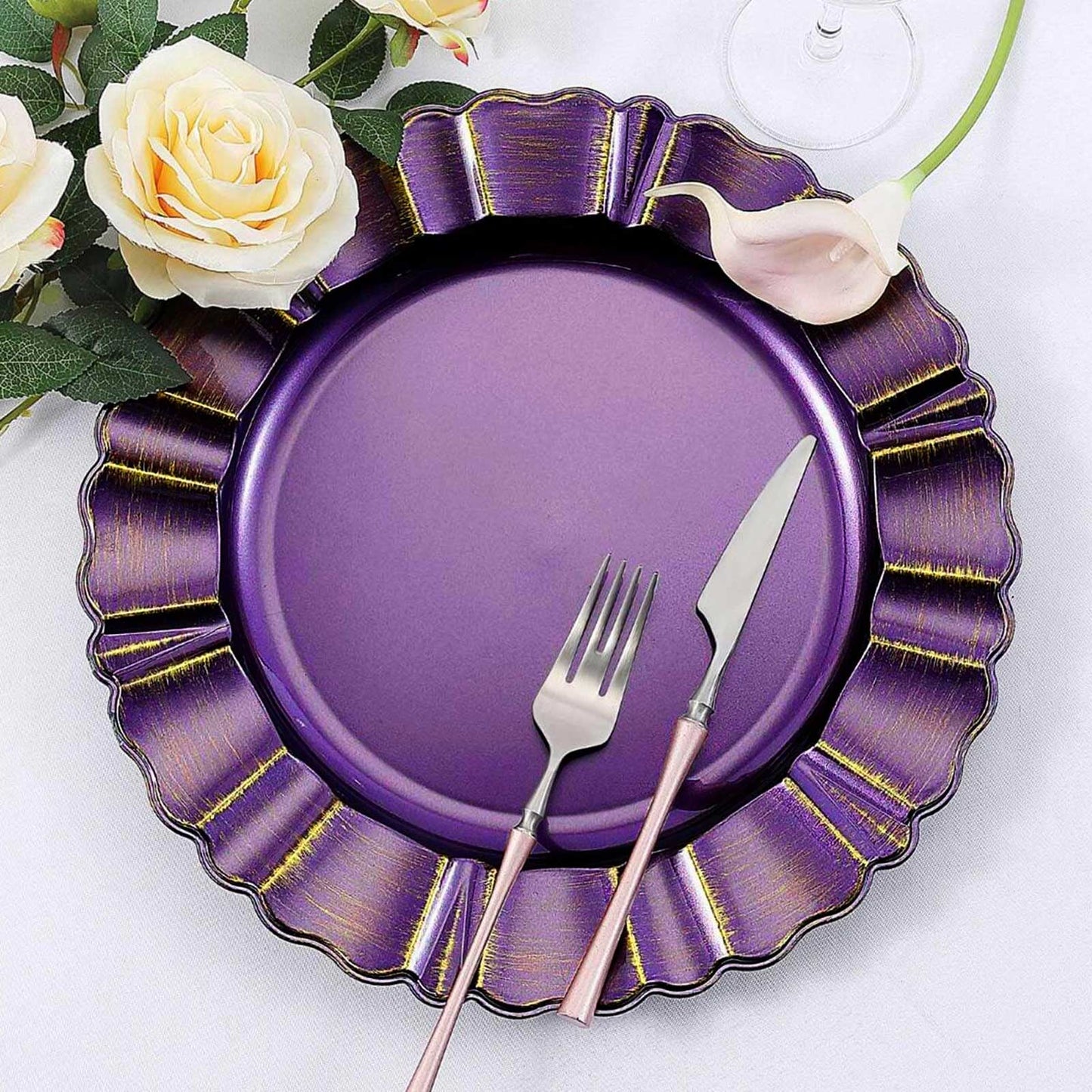 6-Pack Acrylic Plastic Round Charger Plates 13" in Purple with Gold Brushed Wavy Scalloped Rim, Decorative Dinner Party Charger Tableware