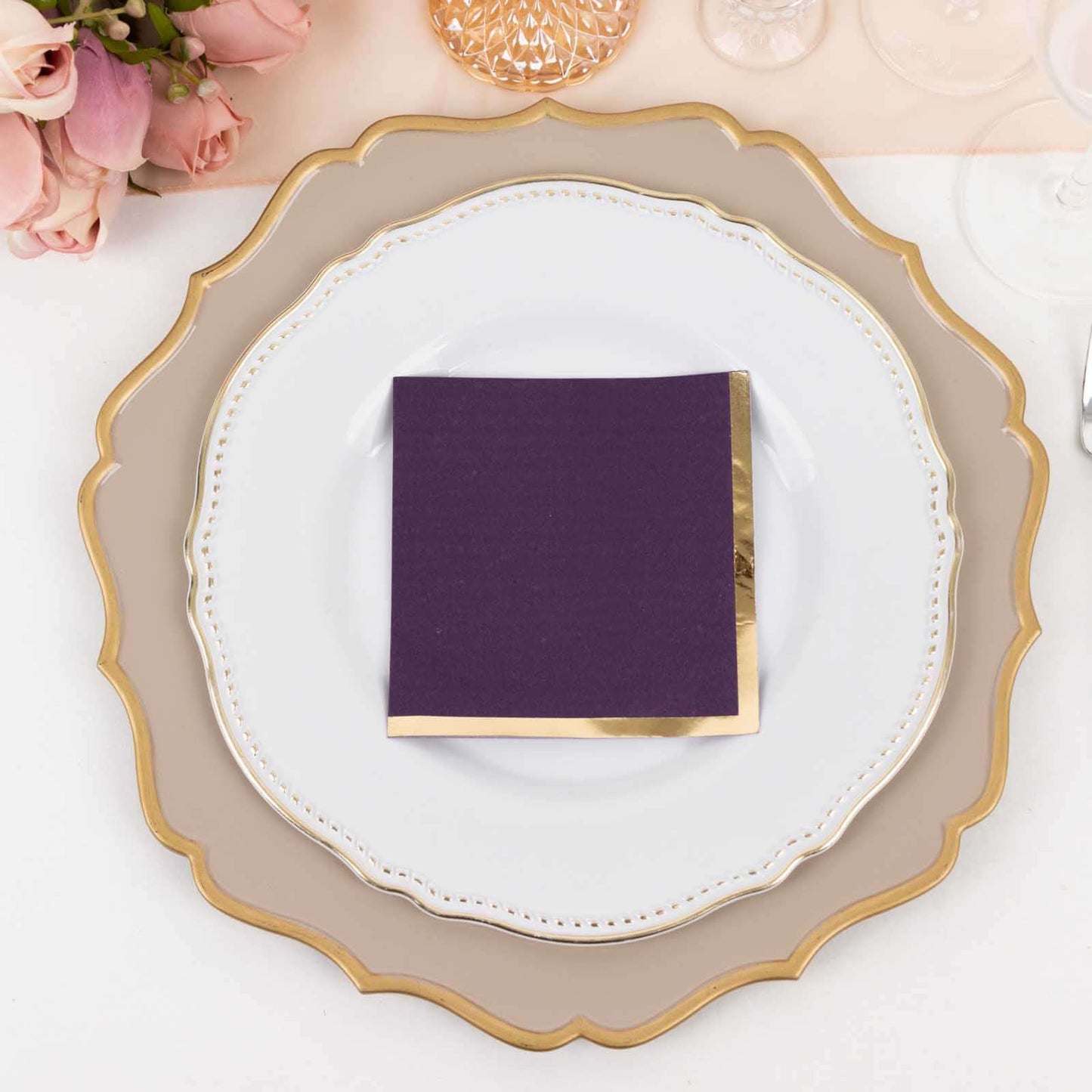 50-Pack Paper Beverage Napkins Purple with Gold Foil Edge - 2 Ply Disposable Soft 18GSM Cocktail Napkins 5"x5"