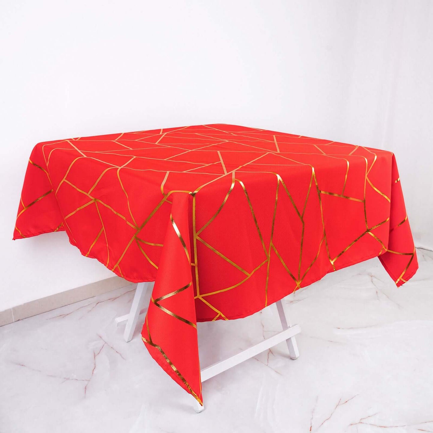 Polyester 54"x54" Square Tablecloth Red with Gold Foil Geometric Pattern - Wrinkle-Resistant & Durable Table Cover