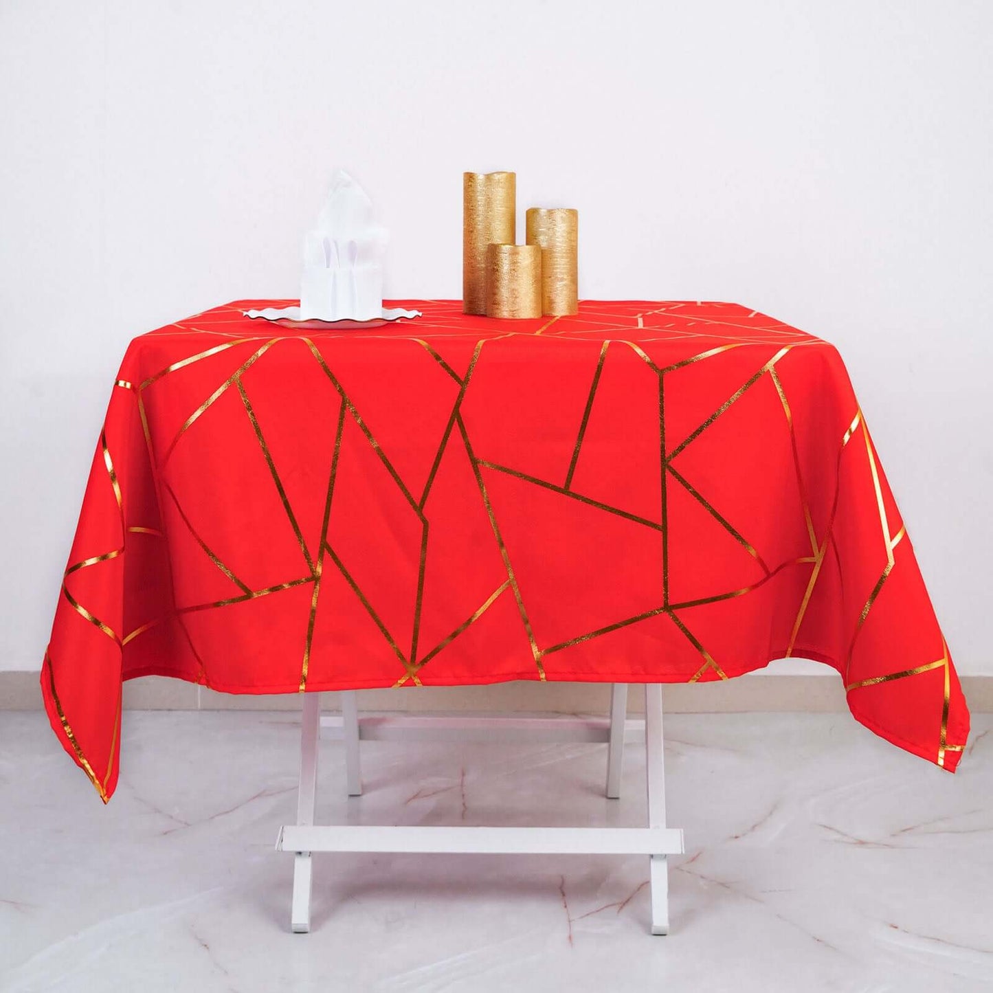 Polyester 54"x54" Table Overlay Square Tablecloth Red with Gold Foil Geometric Pattern - Wrinkle-Resistant & Durable Table Topper
