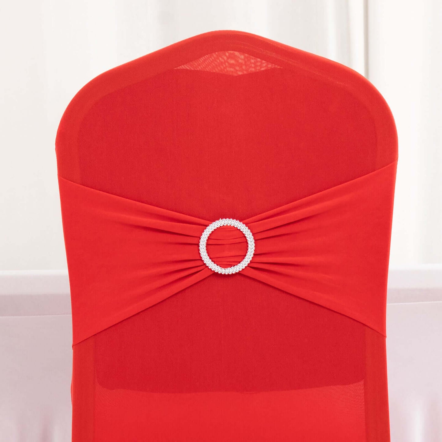 Spandex Chair Cover with Silver Rhinestone Buckled Sash Band Red - Stretch Fitted Slipcover