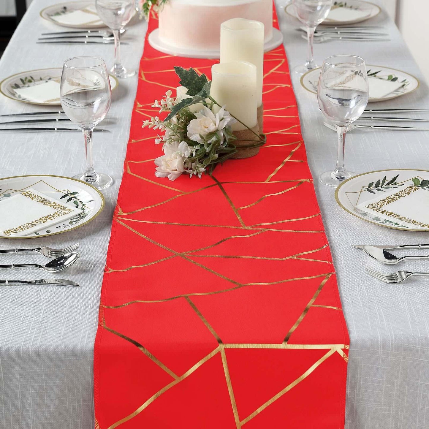 Polyester 9ft Table Runner Red with Gold Foil Modern Geometric Accent