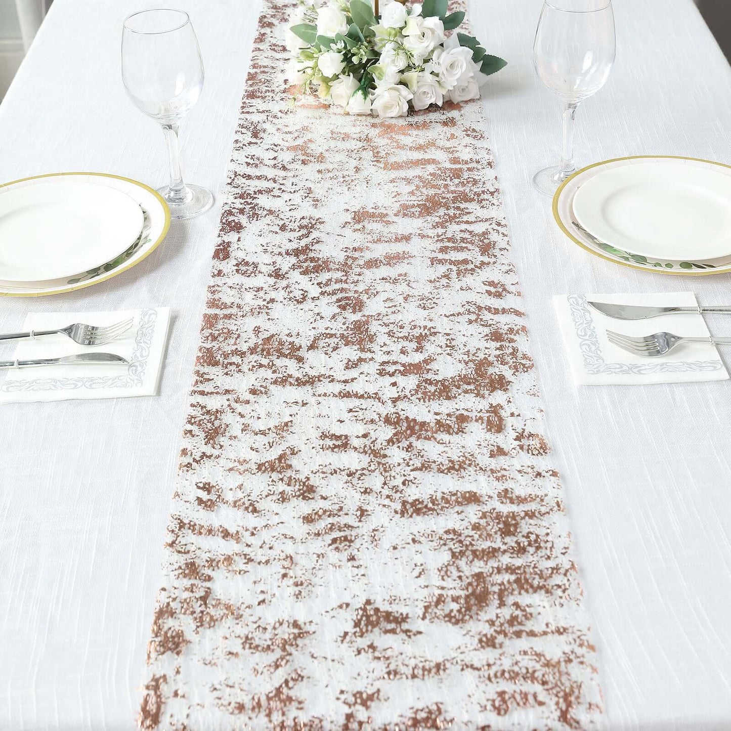 Mesh Polyester 108" Table Runner Roll Metallic Rose Gold - Distressed Foil Look Disposable Table Decor