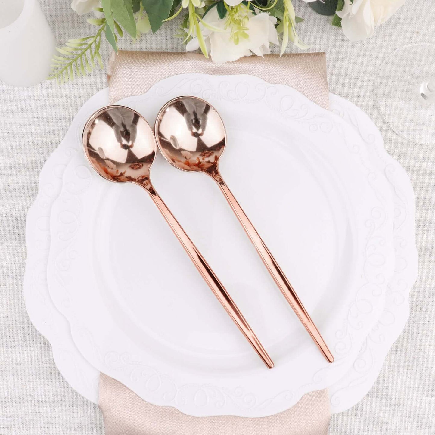 24-Pack Plastic Spoons Glossy Rose Gold - Premium Heavy Duty Disposable Silverware 8"
