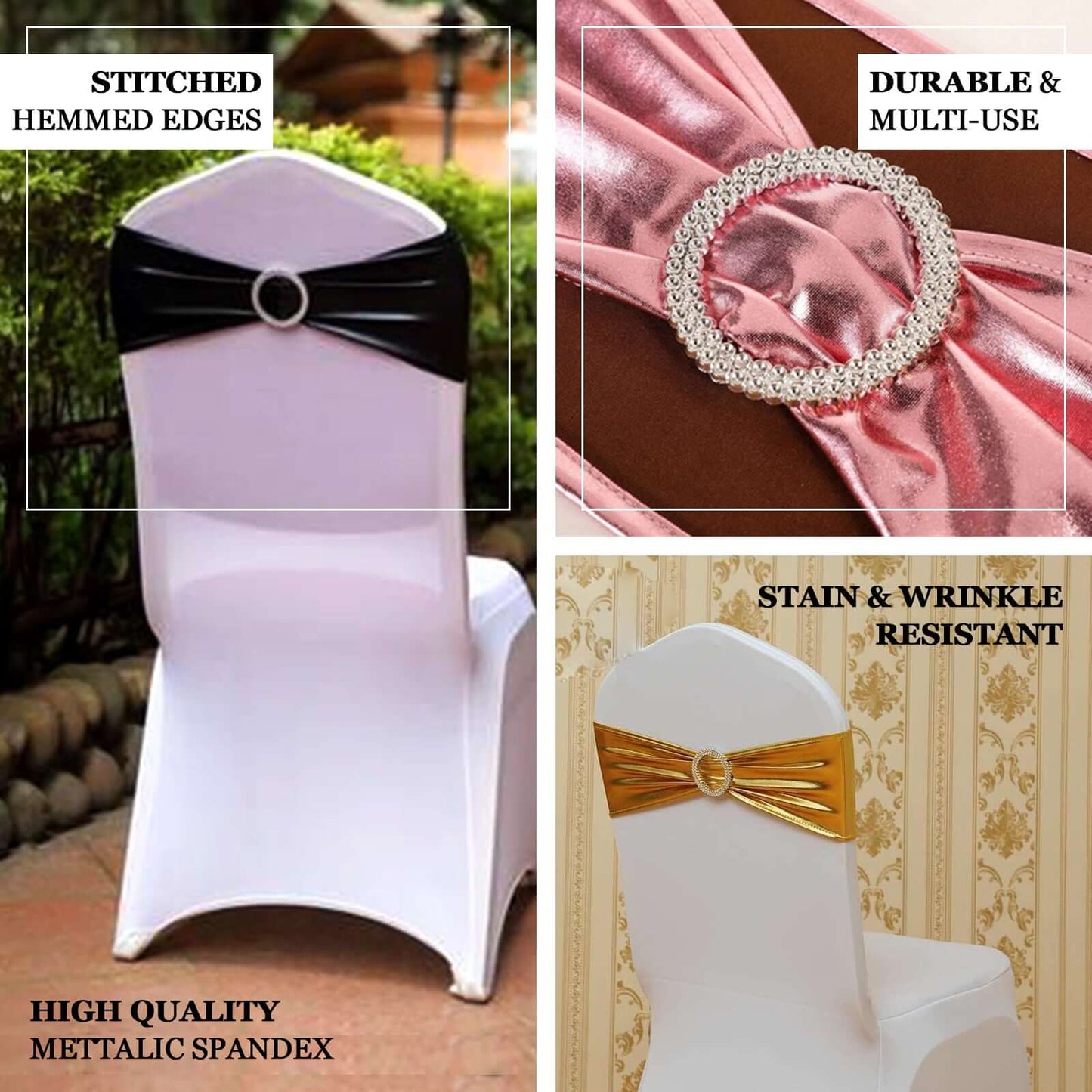 5 Pack Metallic Spandex Chair Sashes Rose Gold - Stretch Fit Chair Bands With Round Diamond Buckles