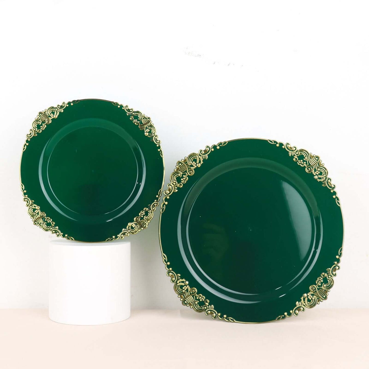 10-Pack Plastic 8" Round Dessert Plates in Hunter Emerald Green with Gold Leaf Embossed Rim - Disposable Vintage Baroque Style Salad Plates
