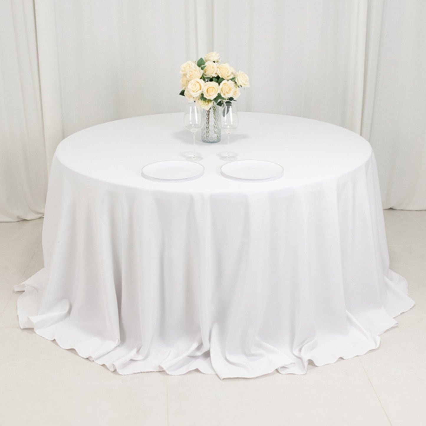 Fire Retardant Premium Polyester 132" Round Tablecloth White - Stylish High-Performance Table Cover for Large Gatherings