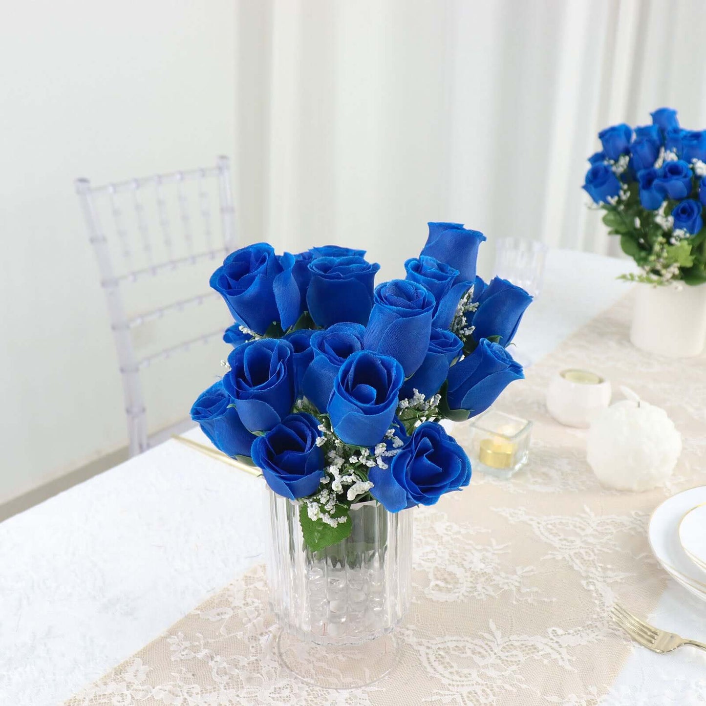 12 Bushes Royal Blue Artificial Premium Silk Flower Rose Bud Bouquets