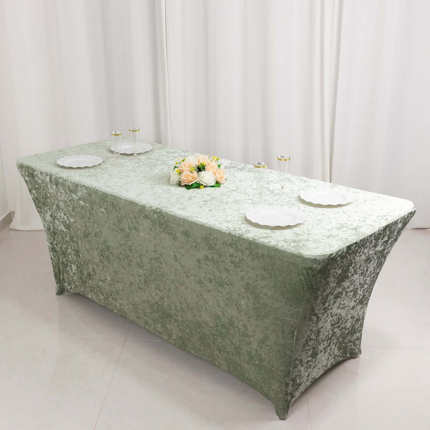 Crushed Velvet Fitted Rectangular 6ft Table Cover Sage Green - Wrinkle-Free Stretchy Tablecloth