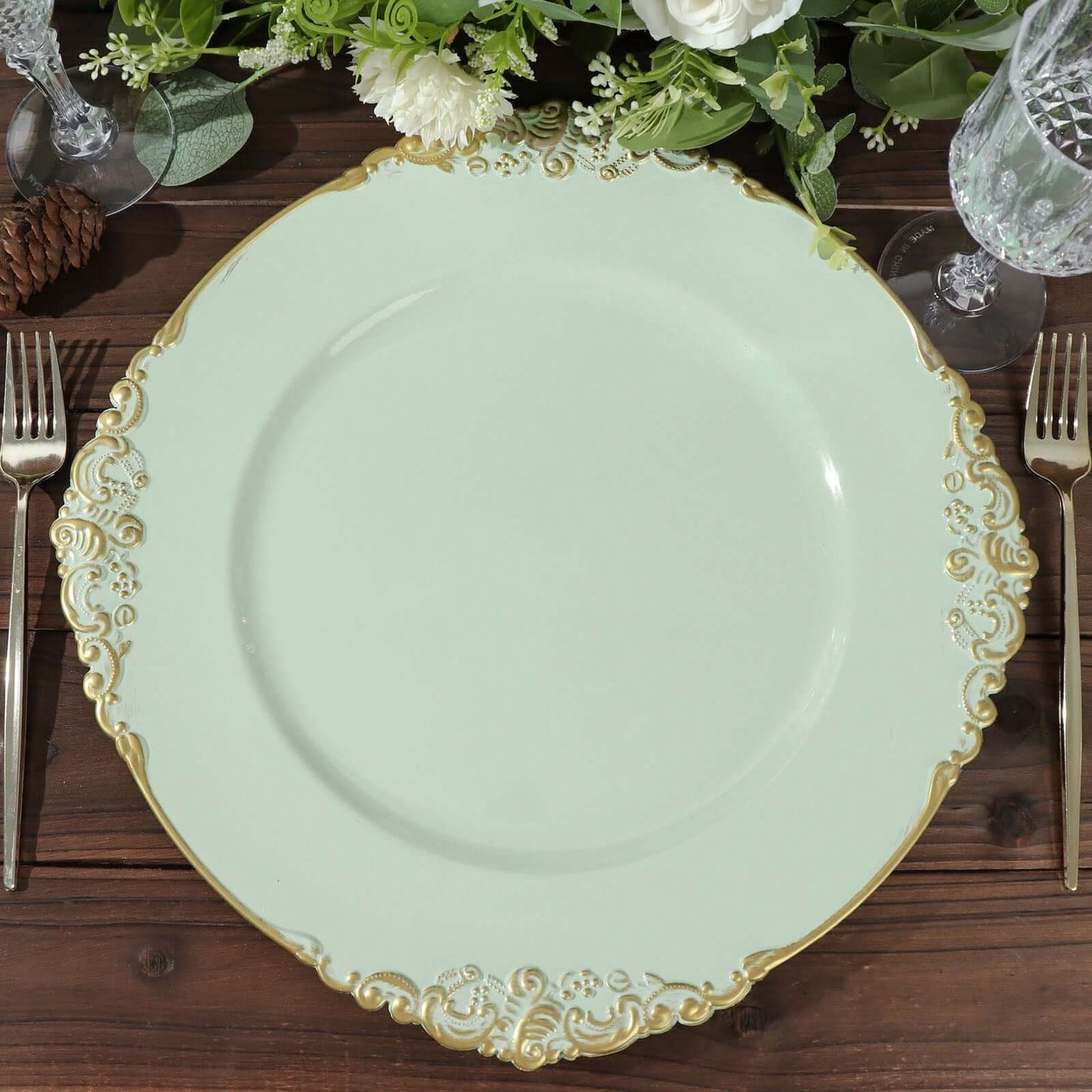 6-Pack Acrylic Round Charger Plates 13" in Sage Green with Gold Embossed Baroque Rim, Antique Decorative Dinner Party Charger Tableware