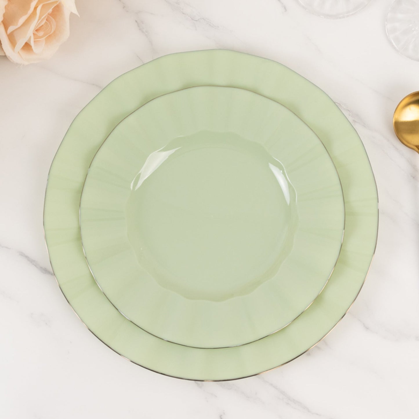 10-Pack Plastic 9" Round Dinner Plates in Sage Green Ruffled Rim with Gold Edging - Sturdy Disposable Dinnerware
