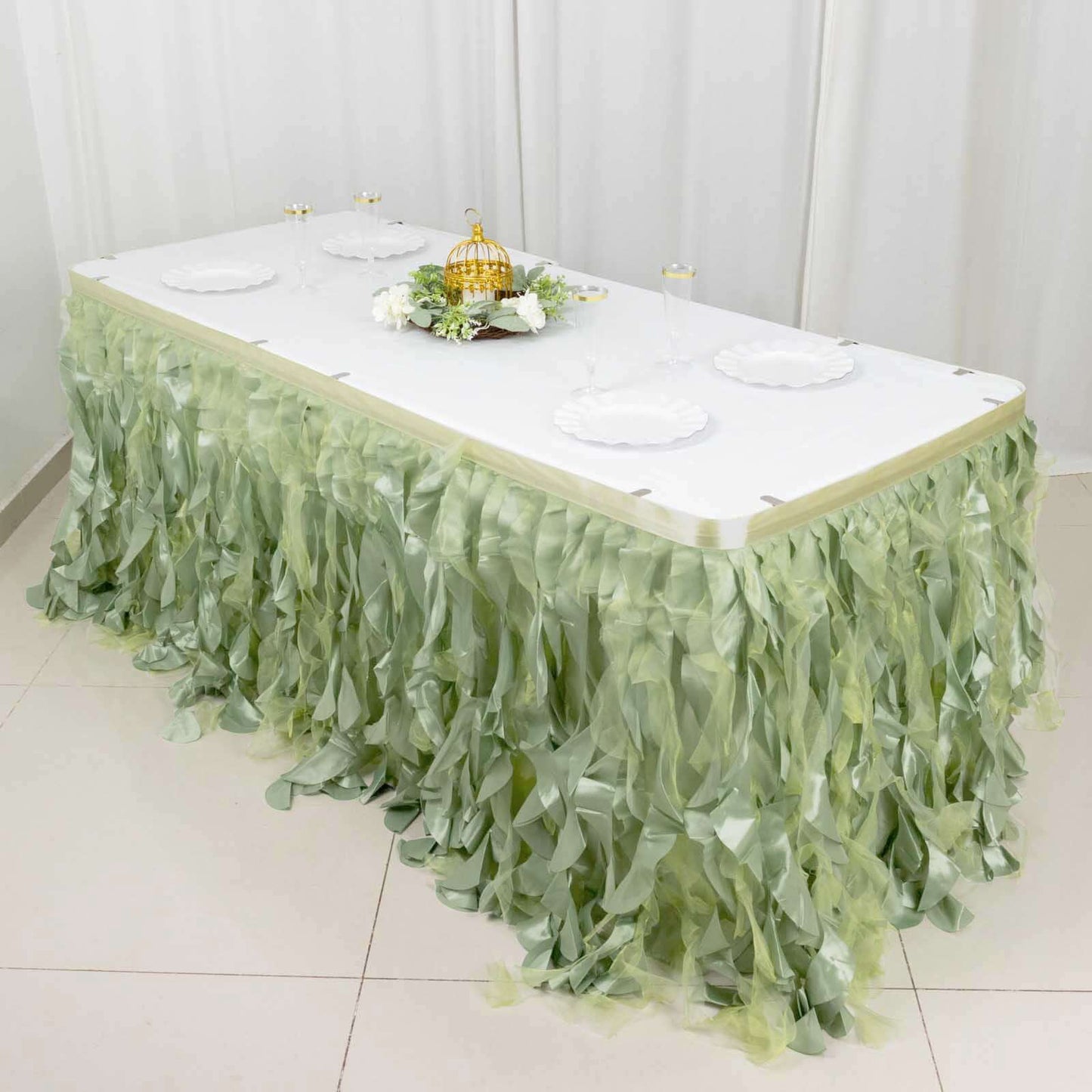 Taffeta 14ft Table Skirt Sage Green - Cascading Curly Willow Style Table Cover