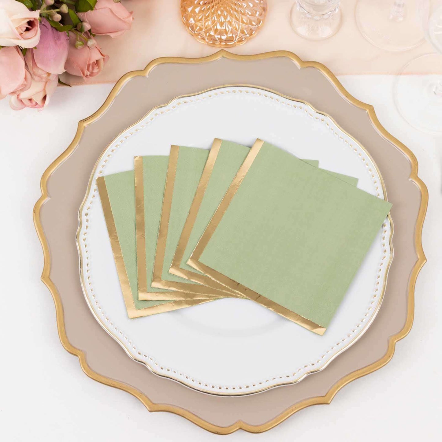 50-Pack Paper Beverage Napkins Sage Green with Gold Foil Edge - 2 Ply Disposable Soft 18GSM Cocktail Napkins 5"x5"