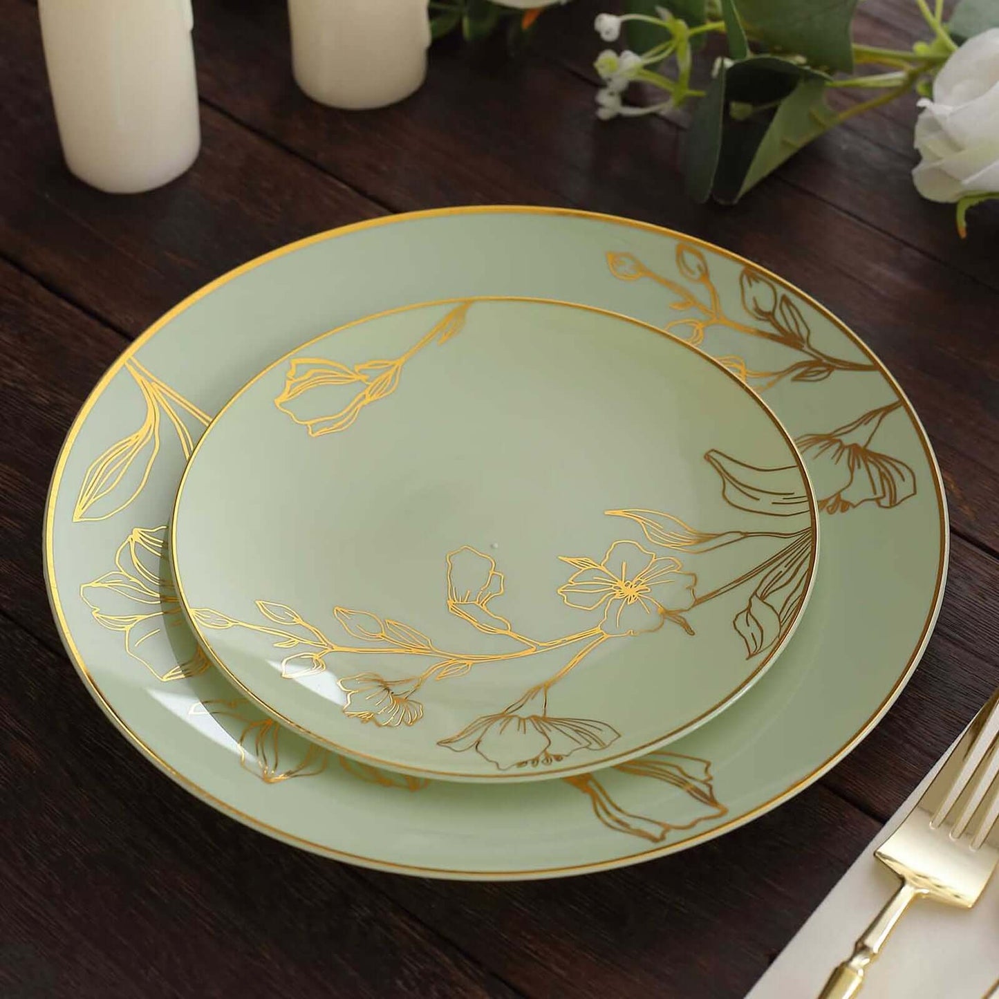 Set of 20 Plastic Round Dinner and Dessert Plates in Sage Green with Metallic Gold Floral Design - Stylish Disposable Dinnerware 8", 10"