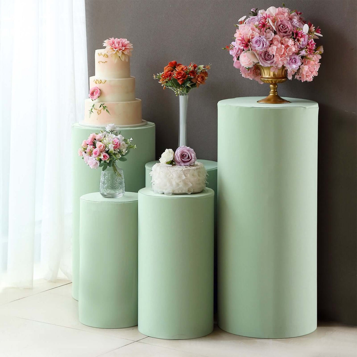 Set of 5 Sage Green Spandex Cylinder Pedestal Stand Covers, Stretchable Pillar Prop Covers - 160 GSM