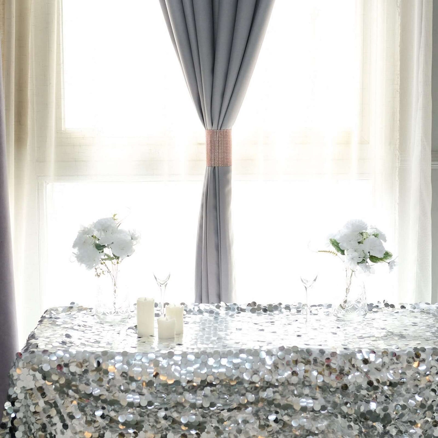 4 Pack Rose Gold Rhinestone Mesh Velcro Backdrop Curtain Bands, Large Chair Sash Clip Tie Backs - 5"X10"