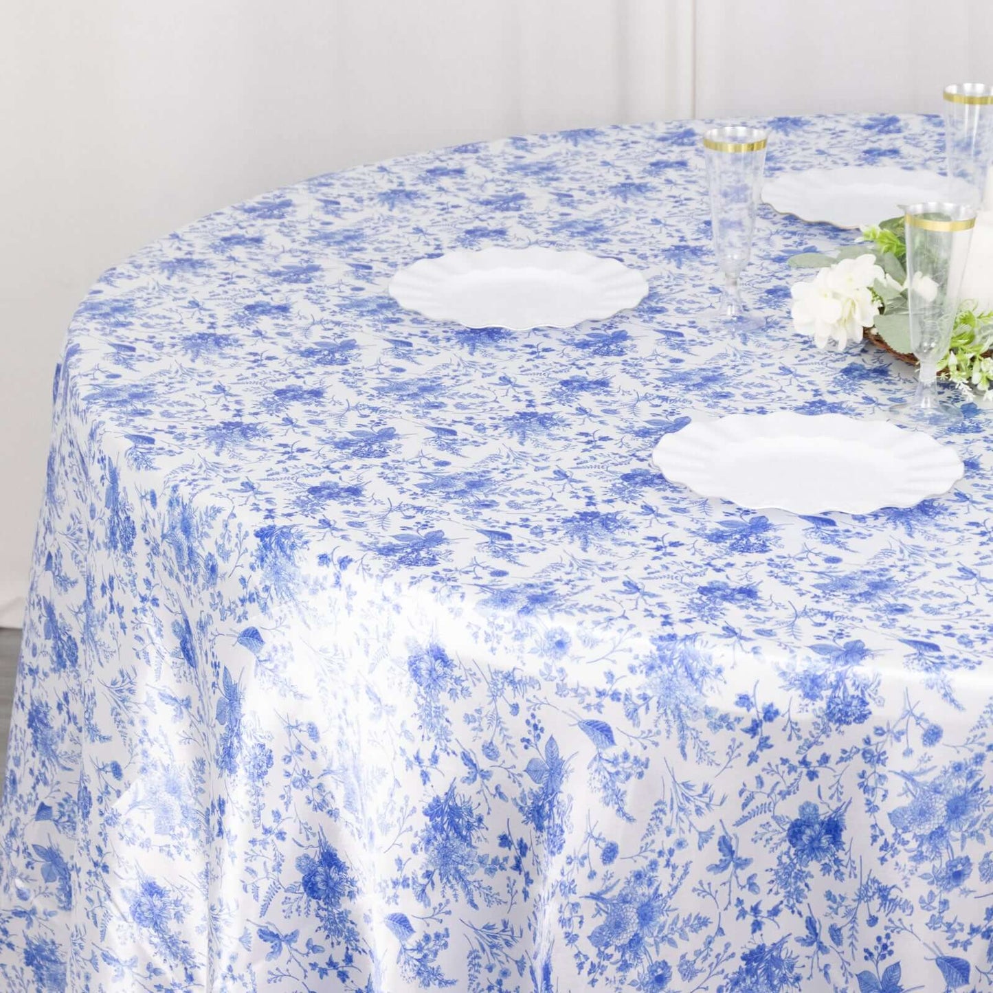 Satin Round 120" Tablecloth White/Blue French Toile Design - Seamless Stylish & Wrinkle-Resistant Table Cover