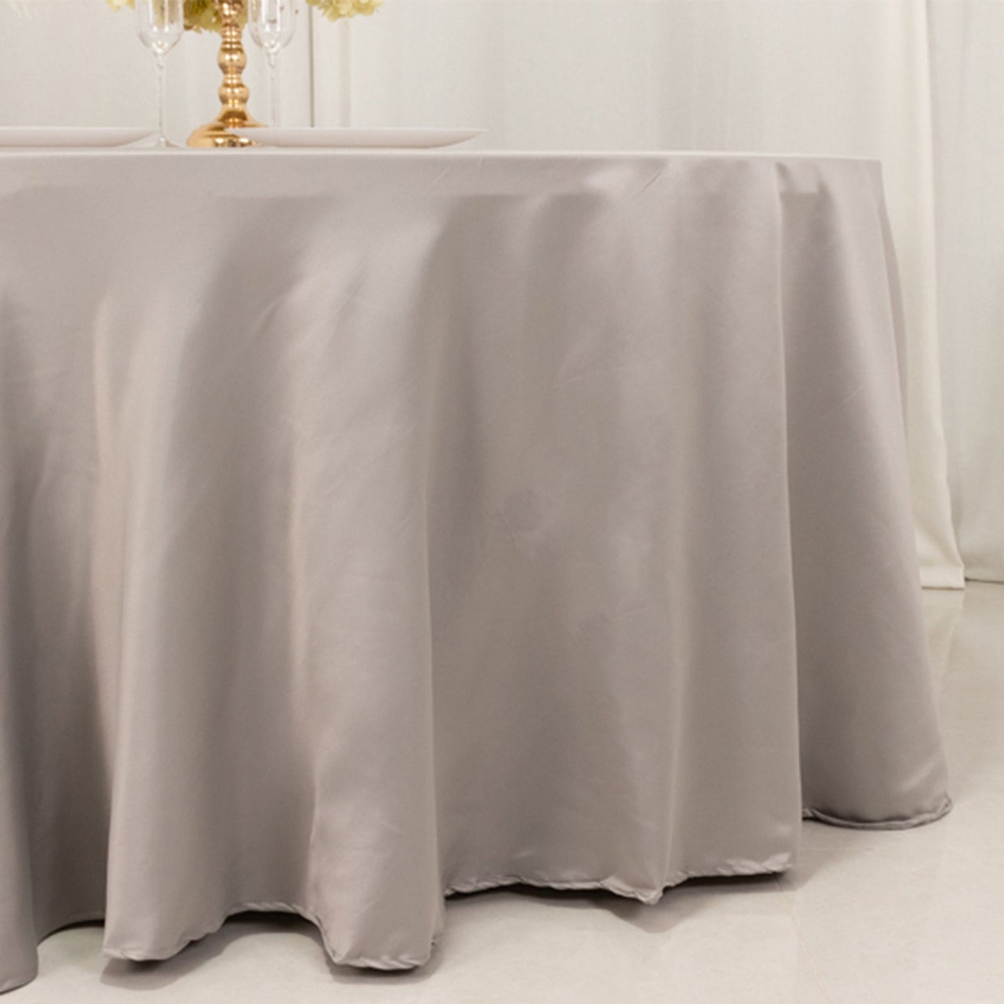Lamour Satin 120" Round Tablecloth Silver - Seamless Table Cover with Soft Tempered Sheen
