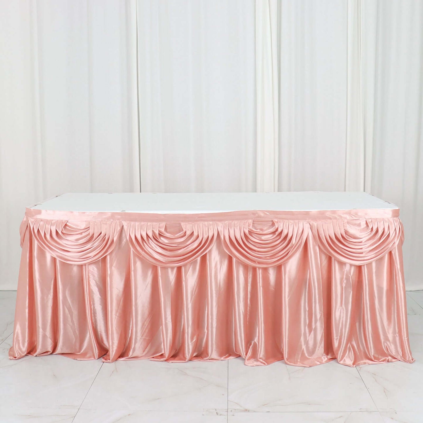 Satin 14ft Table Skirt Dusty Rose - Pleated Double Drape Table Cover