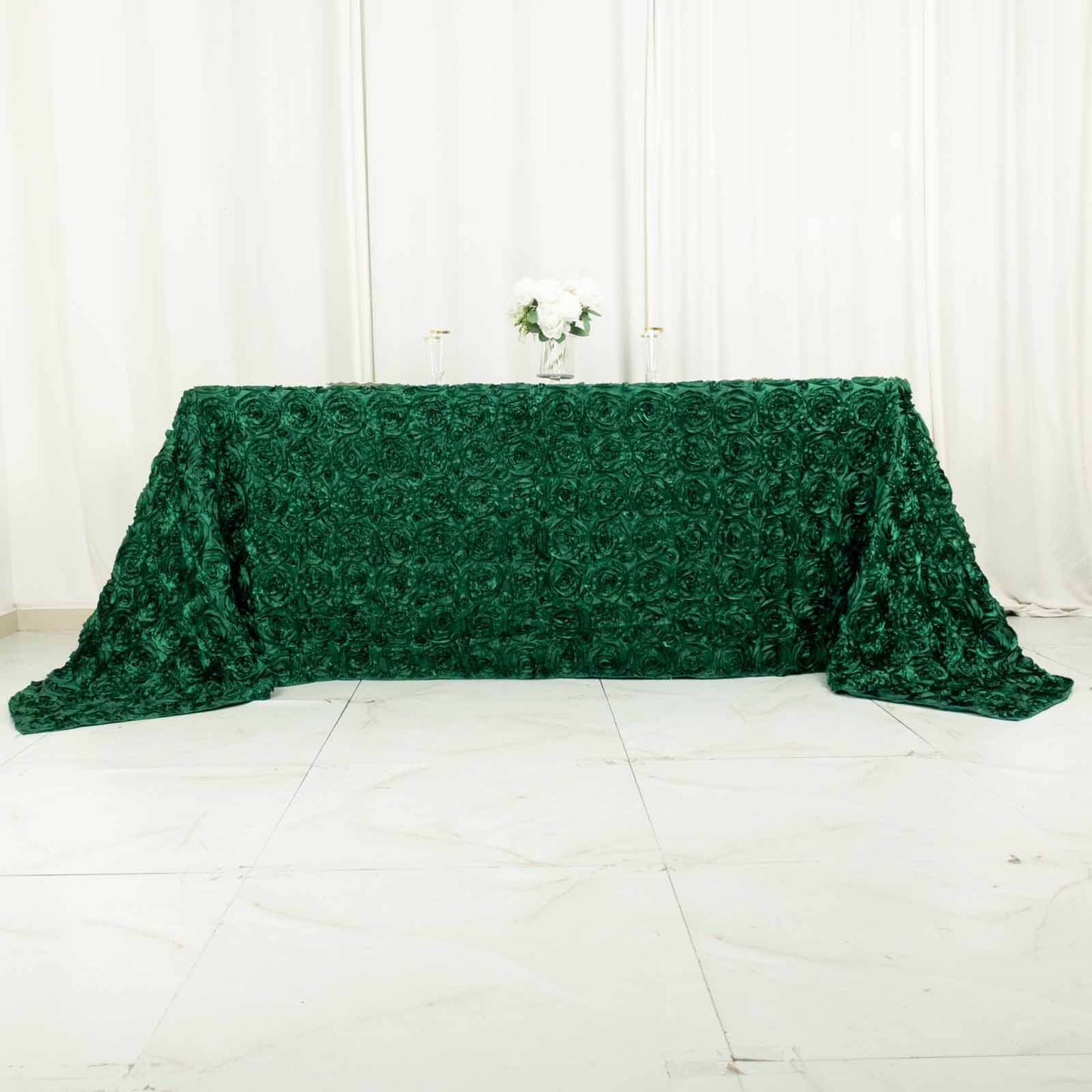 Satin 90"x132" Rectangle Tablecloth Hunter Emerald Green - Grandiose 3D Rosette Seamless Table Cover