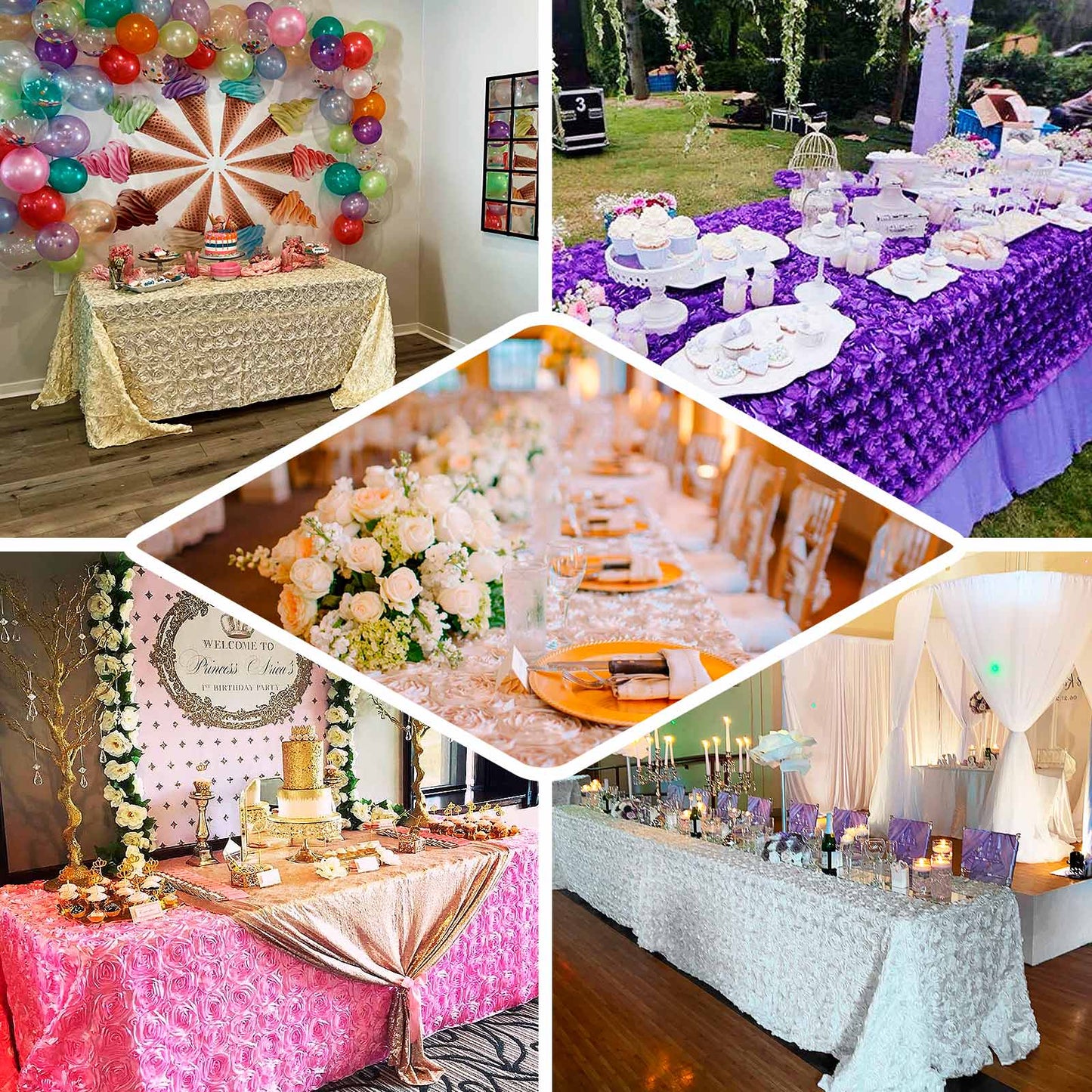 Satin 90"x132" Rectangle Tablecloth Light Blue - Grandiose 3D Rosette Seamless Table Cover