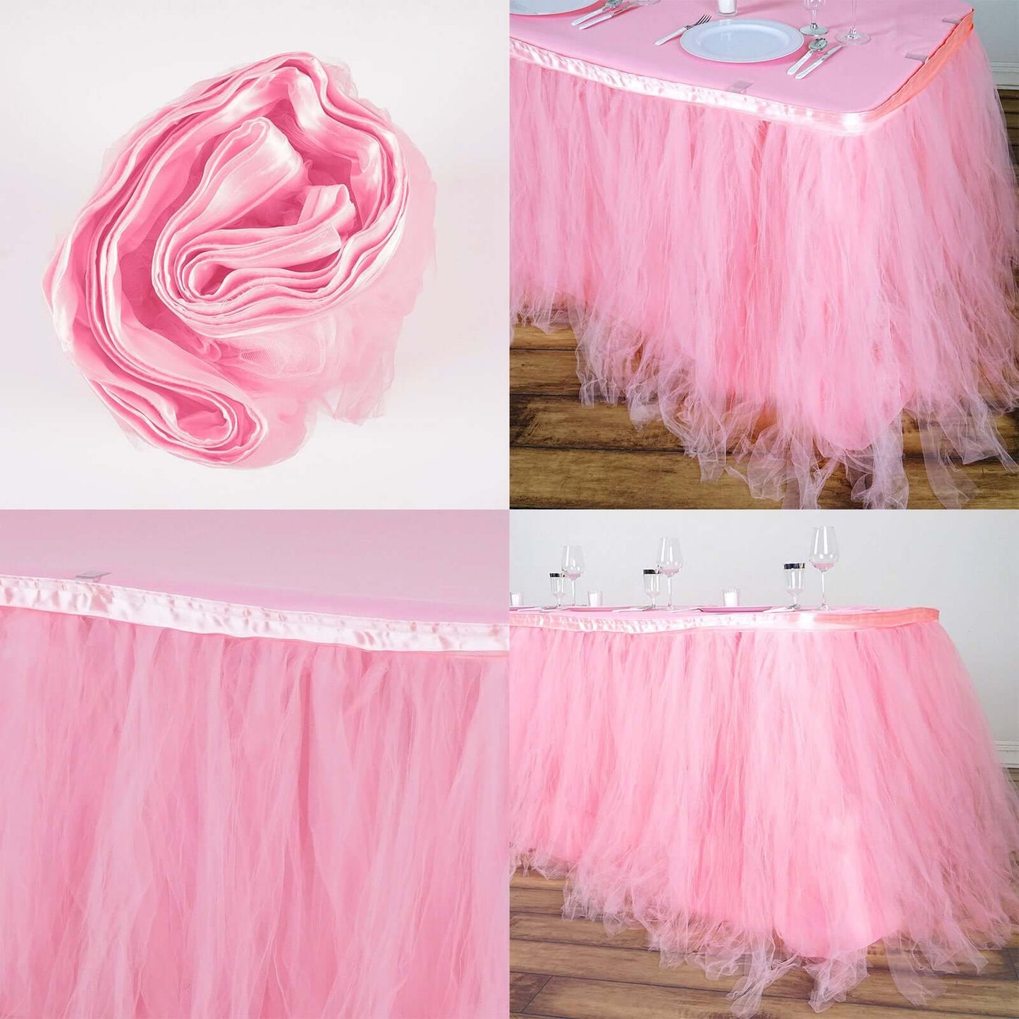 Tulle 17ft Table Skirt Pink/Rose Quartz - 4 Layer Pleated Tutu Table Cover