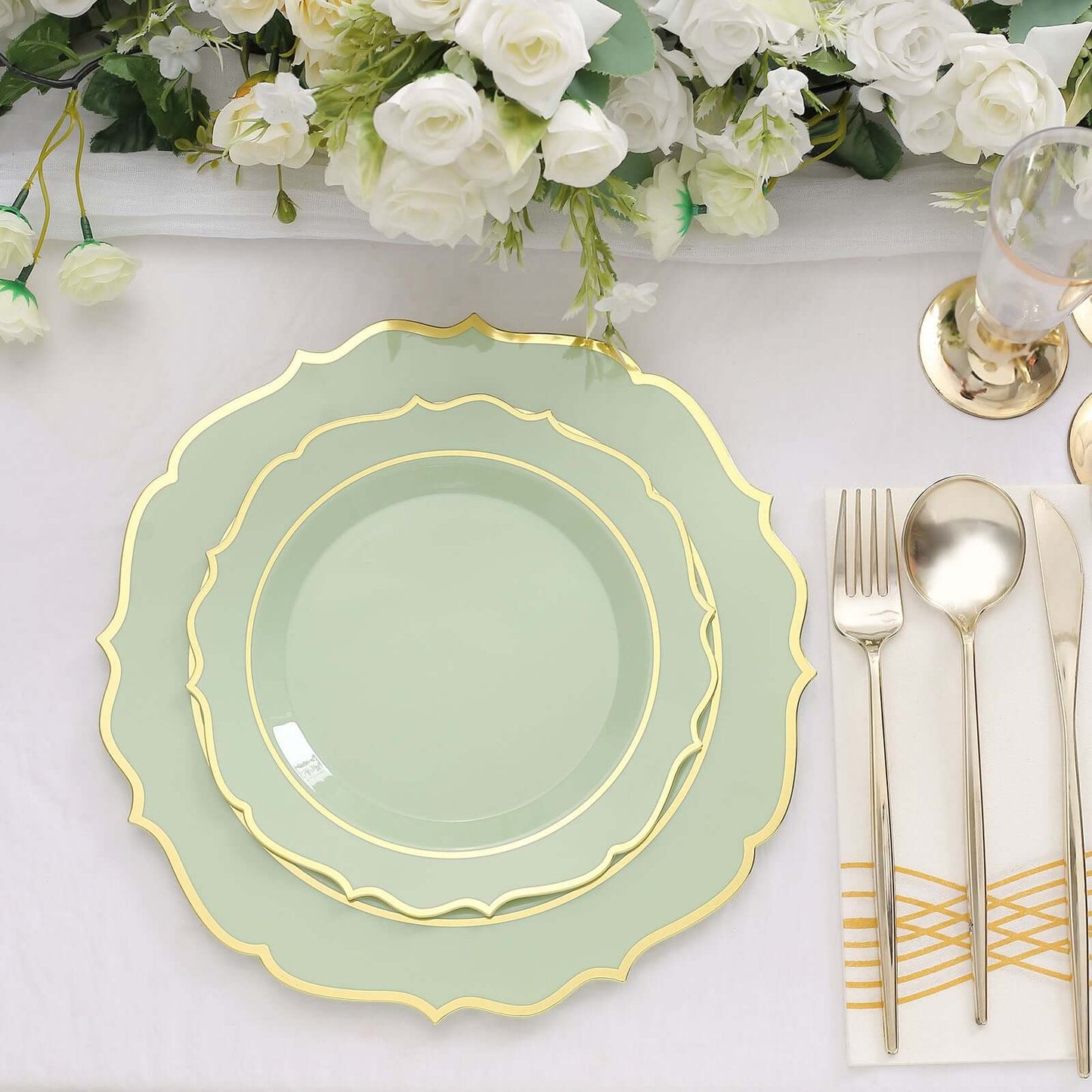 10-Pack Plastic 10" Round Dinner Plates in Sage Green with Gold Scalloped Rim - Disposable Party Plates