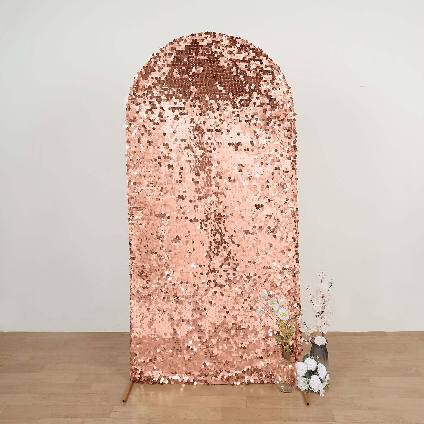 7ft Sparkly Rose Gold Double Sided Big Payette Sequin Chiara Backdrop Stand Cover For Fitted Round Top Wedding Arch
