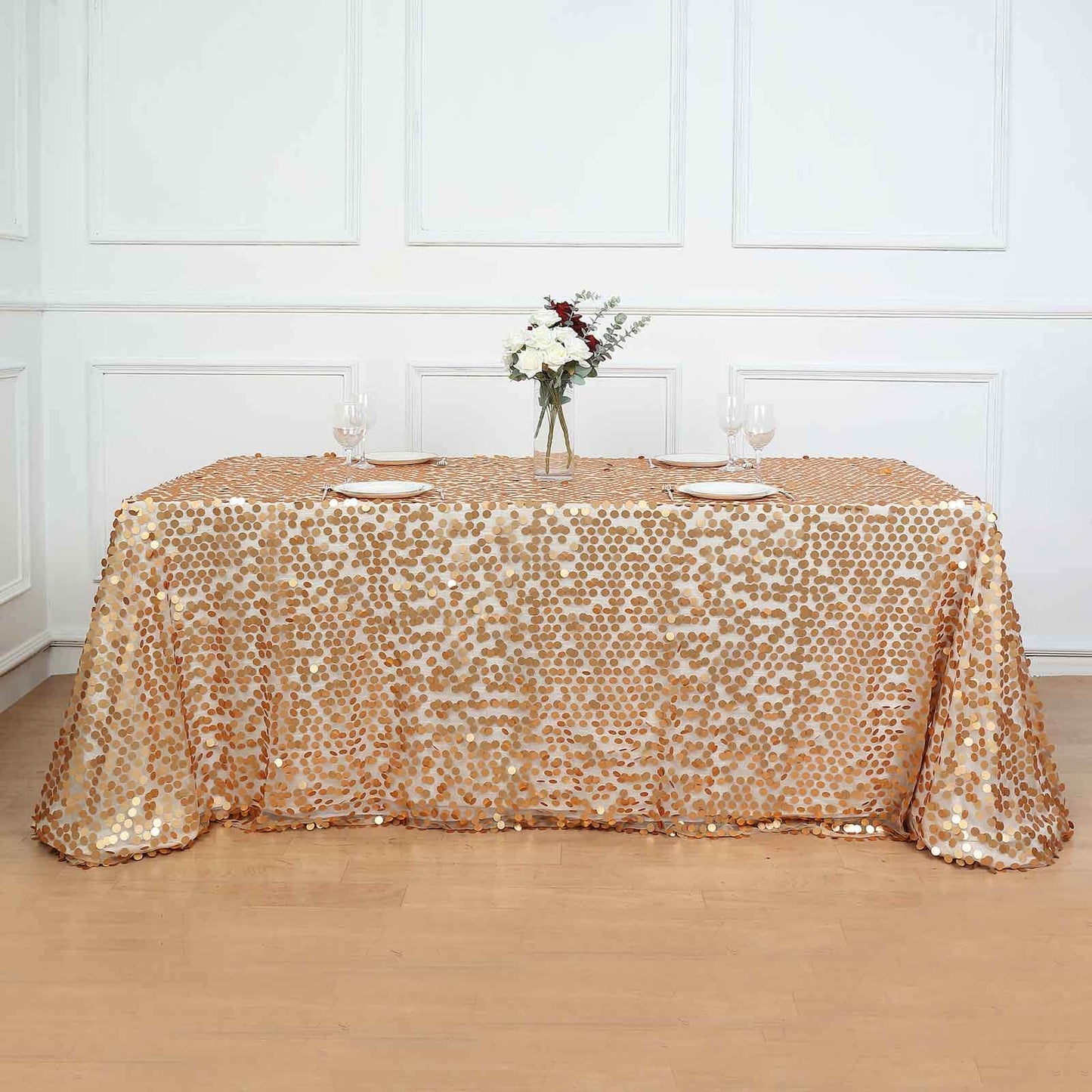 Sequin 90"x156" Rectangle Tablecloth Matte Champagne - Seamless Big Payette Table Cover