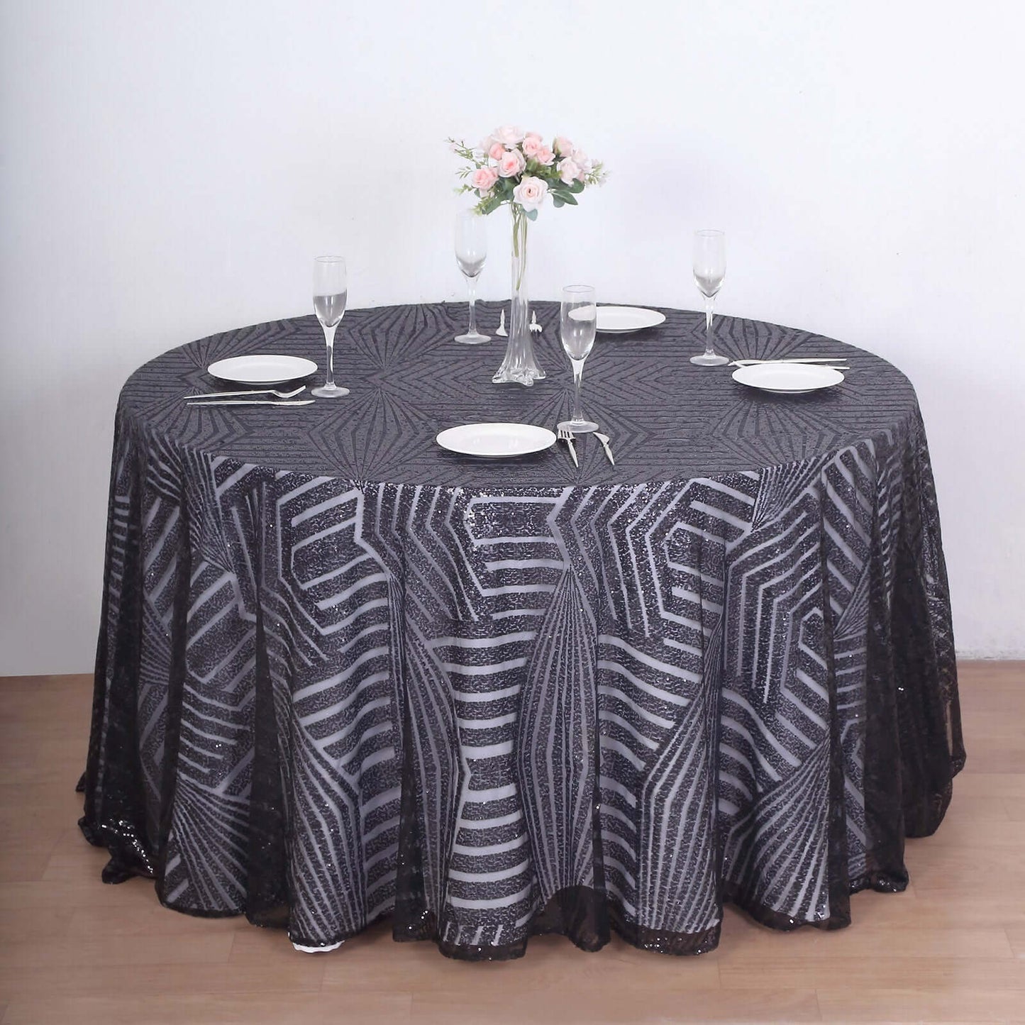 Sequin 120" Round Tablecloth Black - Seamless Diamond Glitz Table Cover