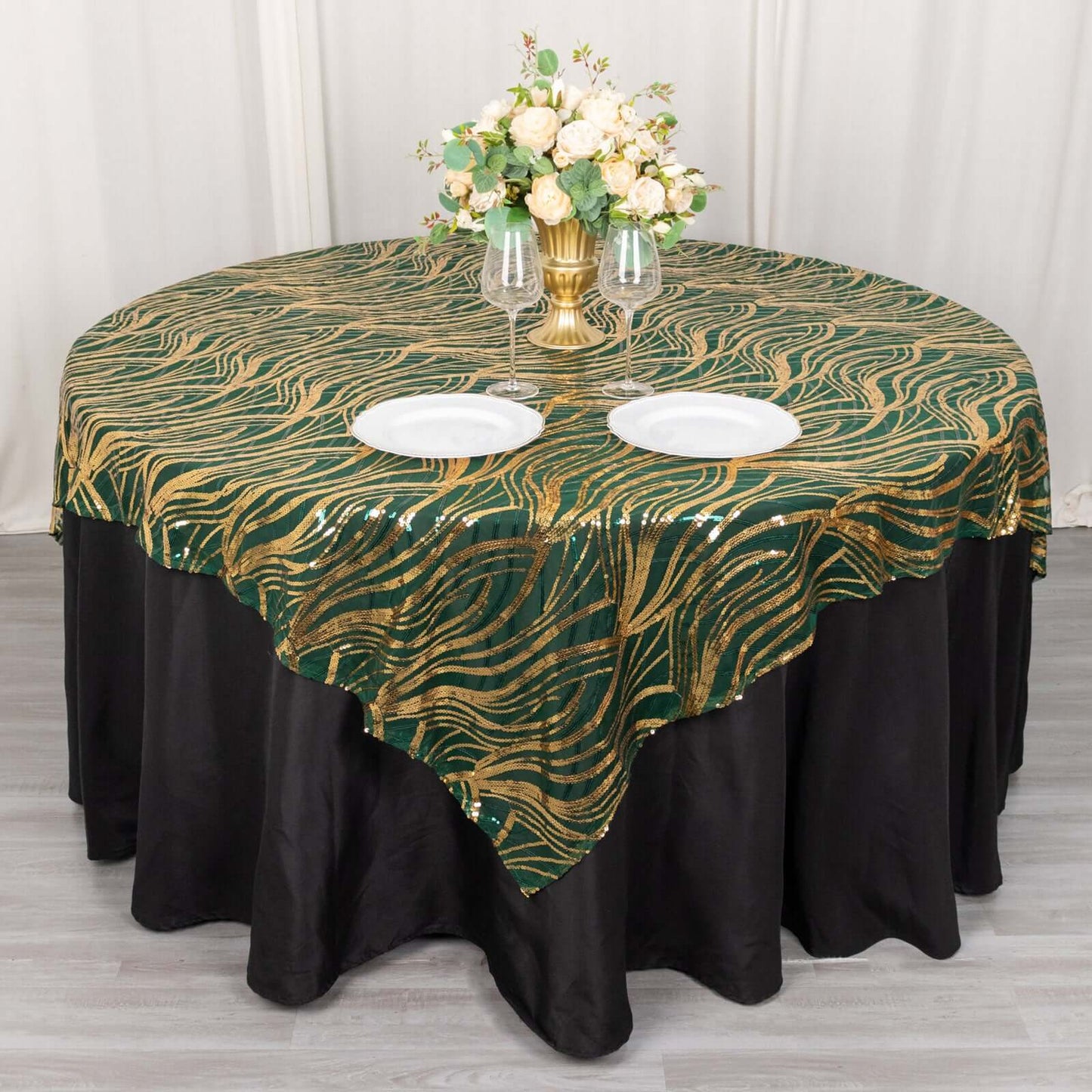 Mesh 72"x72" Table Overlay Square Tablecloth Hunter Emerald Green - Wave Embroidered Sequins Table Topper