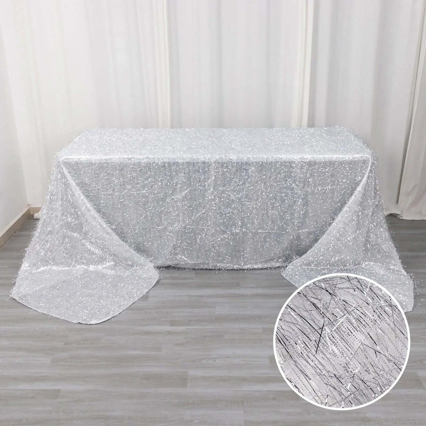 Polyester 90"x156" Rectangle Tablecloth Silver Metallic Fringe Shag Tinsel Table Cover