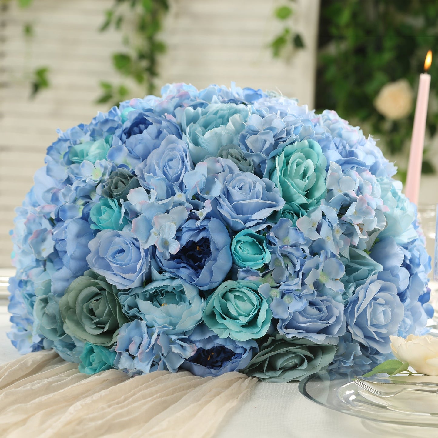 Pre-Arranged Silk Rose Wedding Centerpiece, Blue Artificial Rose Flower Balls Arrangement Table Decor - 20"