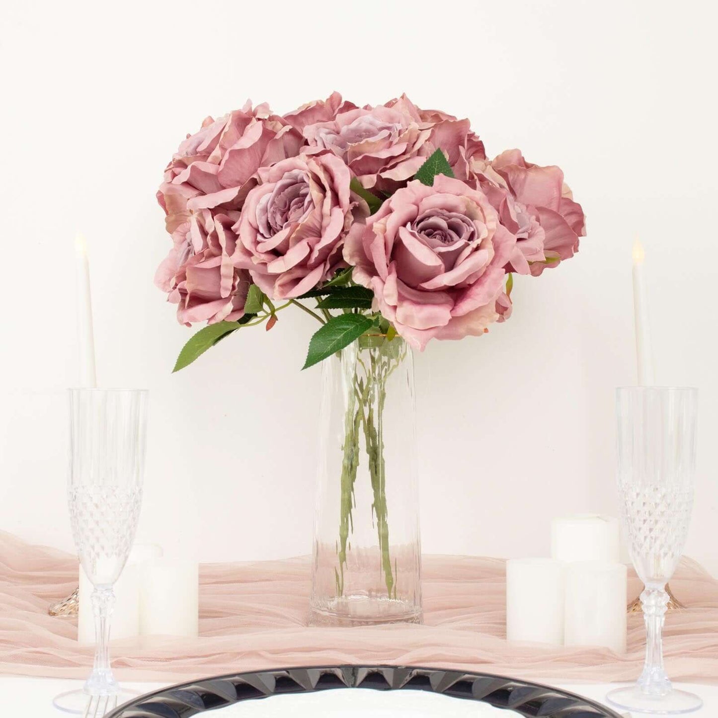 2 Bushes 17" Dusty Rose Premium Silk Jumbo Rose Flower Bouquet, High Quality Artificial Wedding Floral Arrangements