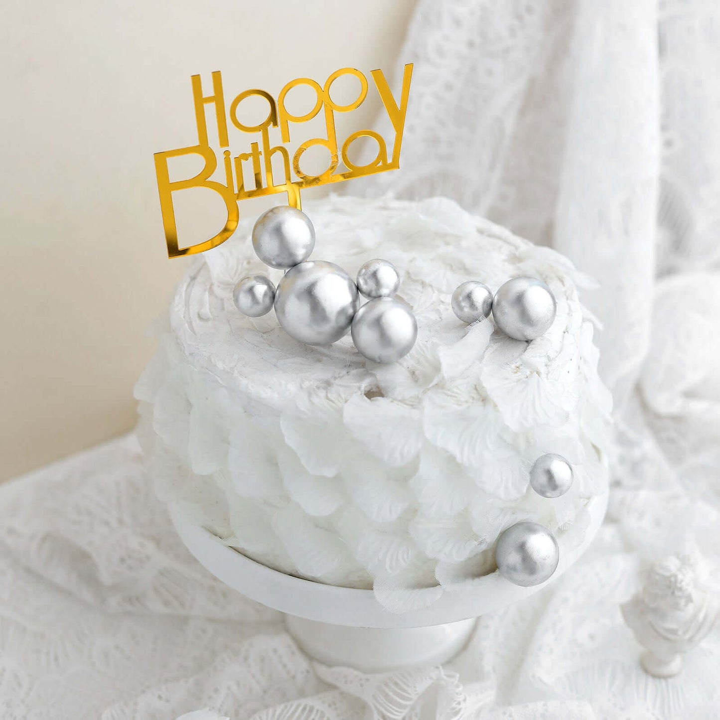 12 Pcs Cake Topper Picks Faux Pearl Ball Design Silver - Foam Balloon DIY Cupcake Decor Supplies Assorted Sizes