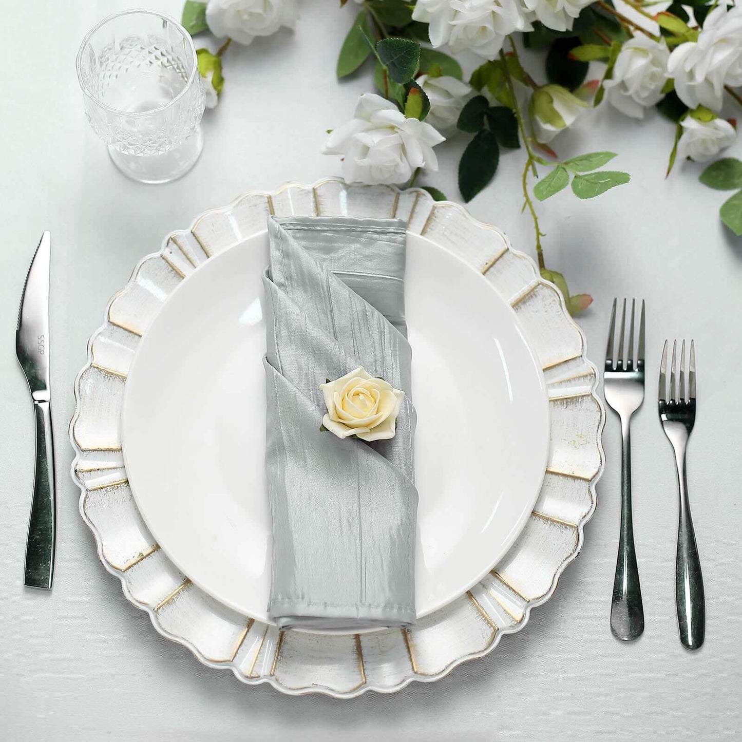 5 Pack Taffeta 20"x20" Napkins Silver - Accordion Crinkle Dinner Napkins