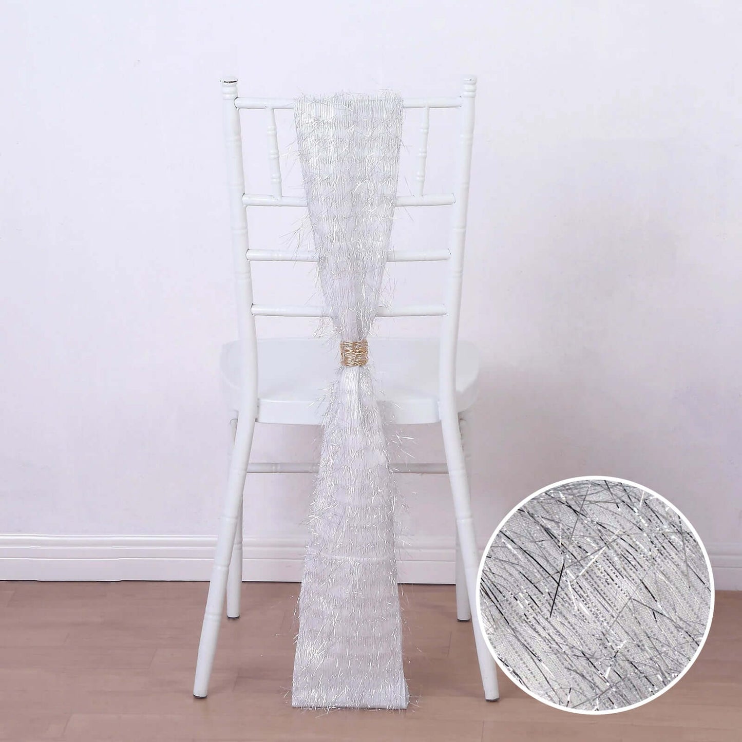 5 Pack Polyester Chair Sashes Silver Metallic Tinsel Fringe - Easy to Use Chair Bows 6"x108"