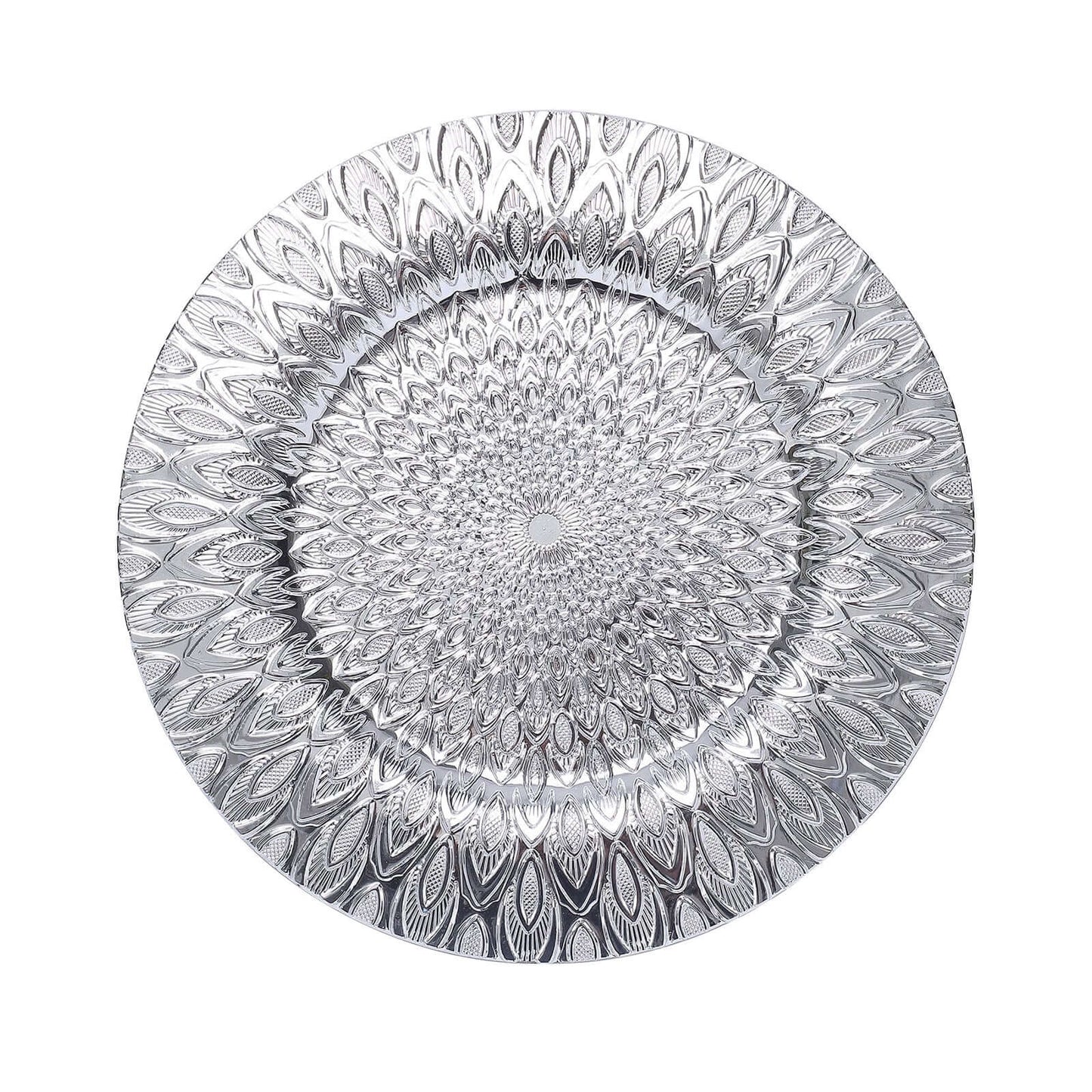 6-Pack Plastic Round Charger Plates 13" in Silver with Embossed Peacock Pattern, Stylish Disposable Charger Tableware
