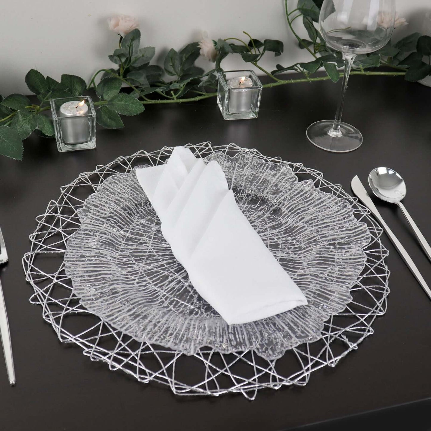 6-Pack Table Placemats Woven Fiber Design Silver Round - Disposable Mats for Dining and Events 15"