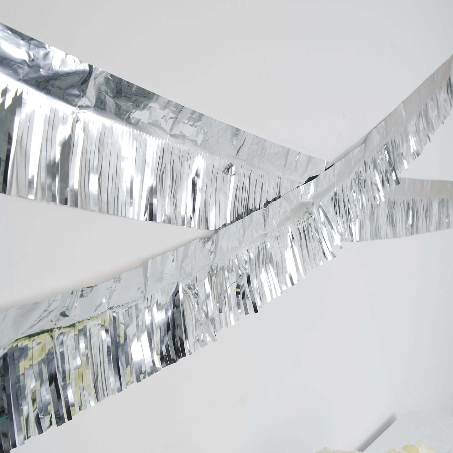 16ft Metallic Silver Foil Tassel Fringe Backdrop Banner, Tinsel Garland Decor