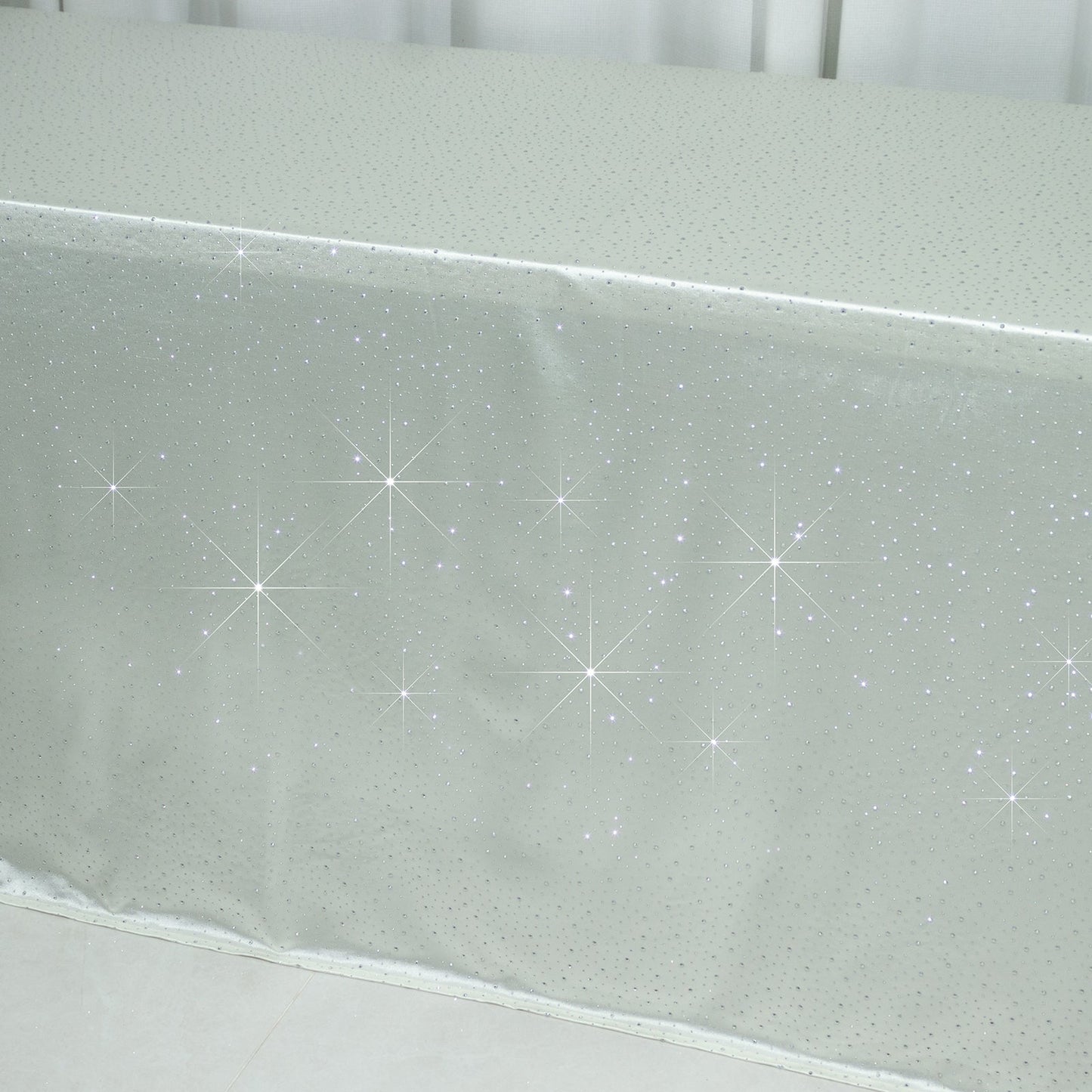 Scuba Rectangular Tablecloth 90"Ã—156" Pearl White with Rhinestone Accents â€“ Seamless, Wrinkle-Free, Stain-Resistant Event Linen