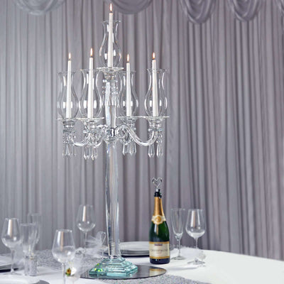 5 Arm Crystal Glass Taper Candle Holder Candelabra, Luxurious Table Centerpiece With Chandelier Chains 40"