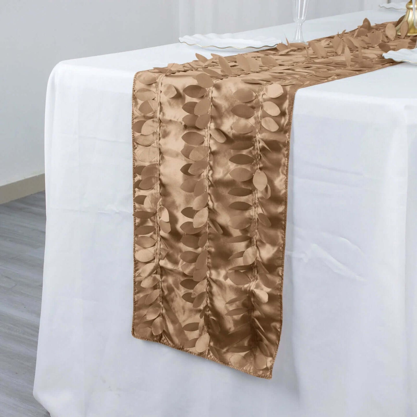 Taffeta Fabric 12"x108" Table Runner Taupe - 3D Leaf Petal Design