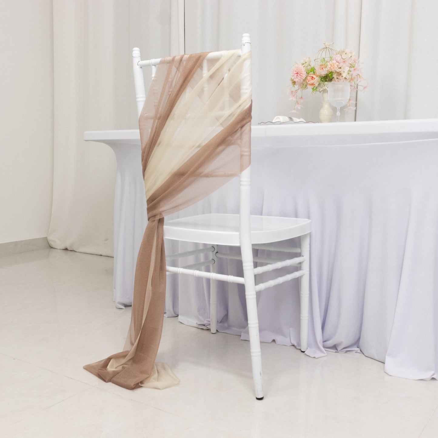 20-Pack Sheer Chair Drape Decor in Taupe and Beige â€“ 9ft Shimmer Sash, Wrinkle-Free